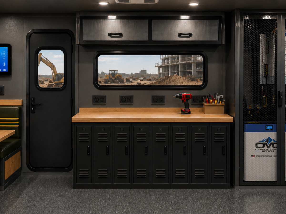 Recon Power Rig interior with workbench, gear lockers, monitoring tablet, and equipment rack