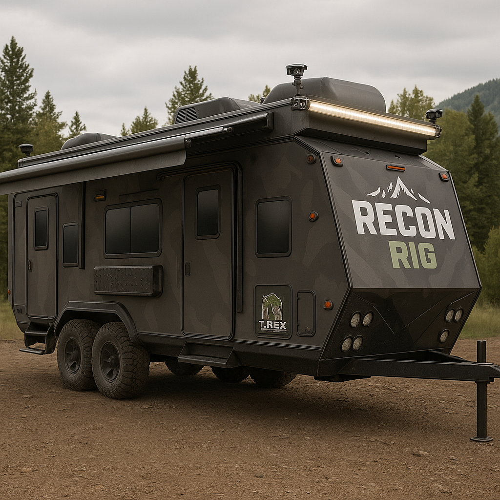 Recon Rig camo-wrapped off-road trailer parked at a forested campsite