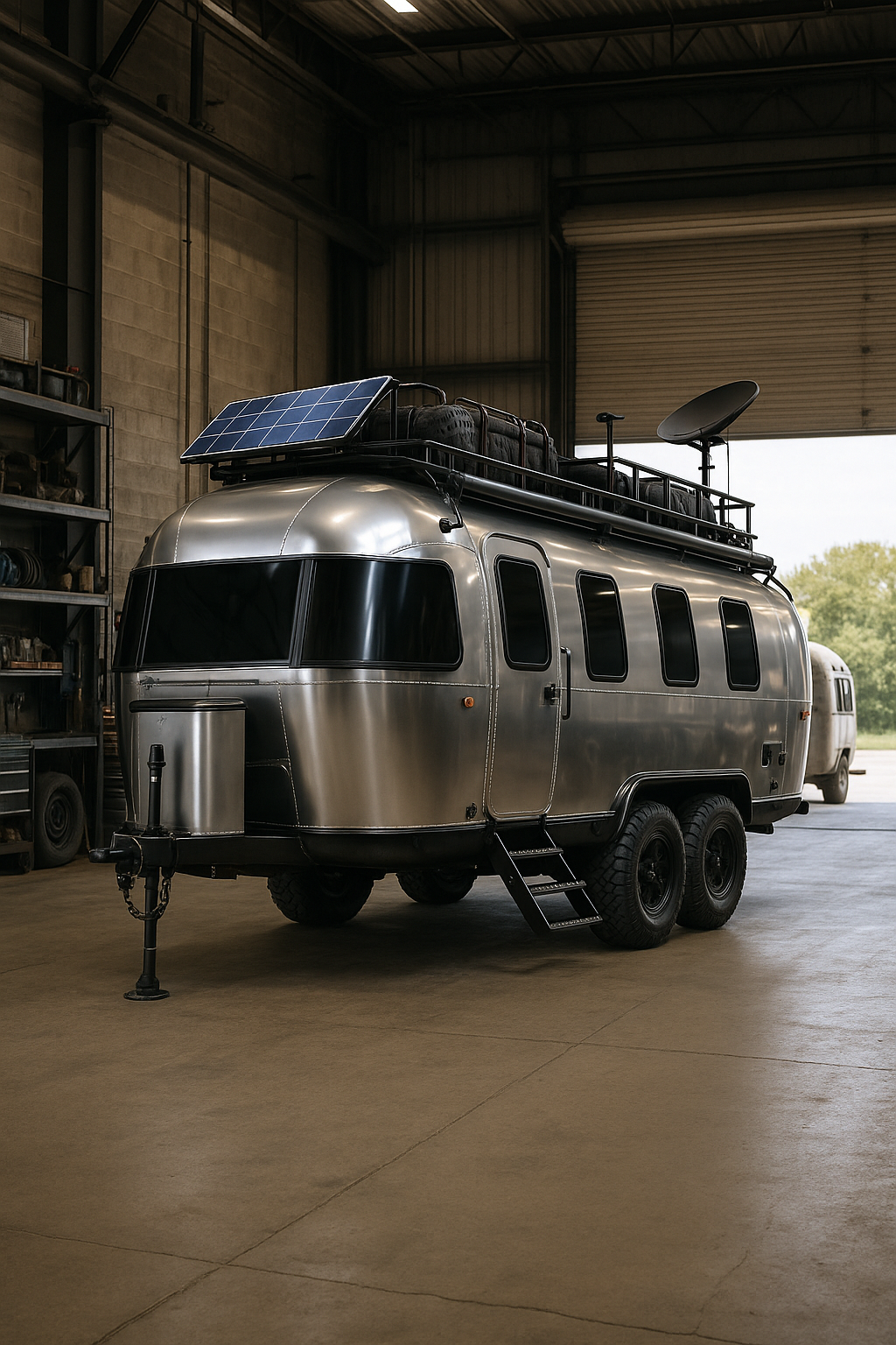 Recon Rig polished aluminum off-road trailer with rooftop solar and gear rack inside a garage