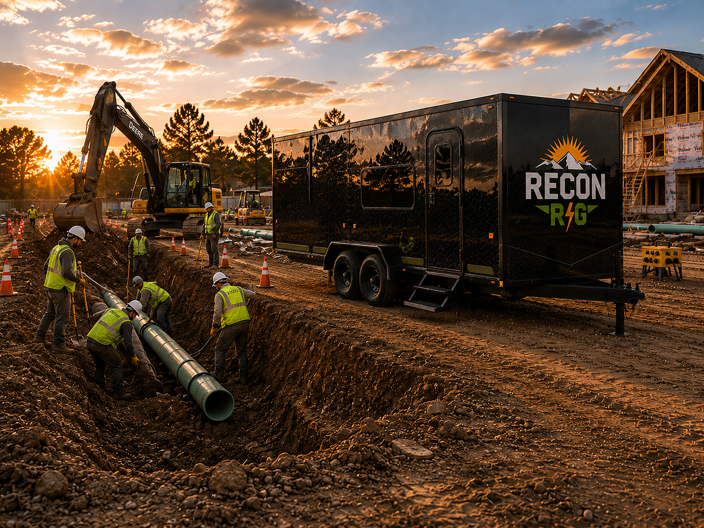 Recon Rig power trailer powering a sunset jobsite with crews installing pipeline