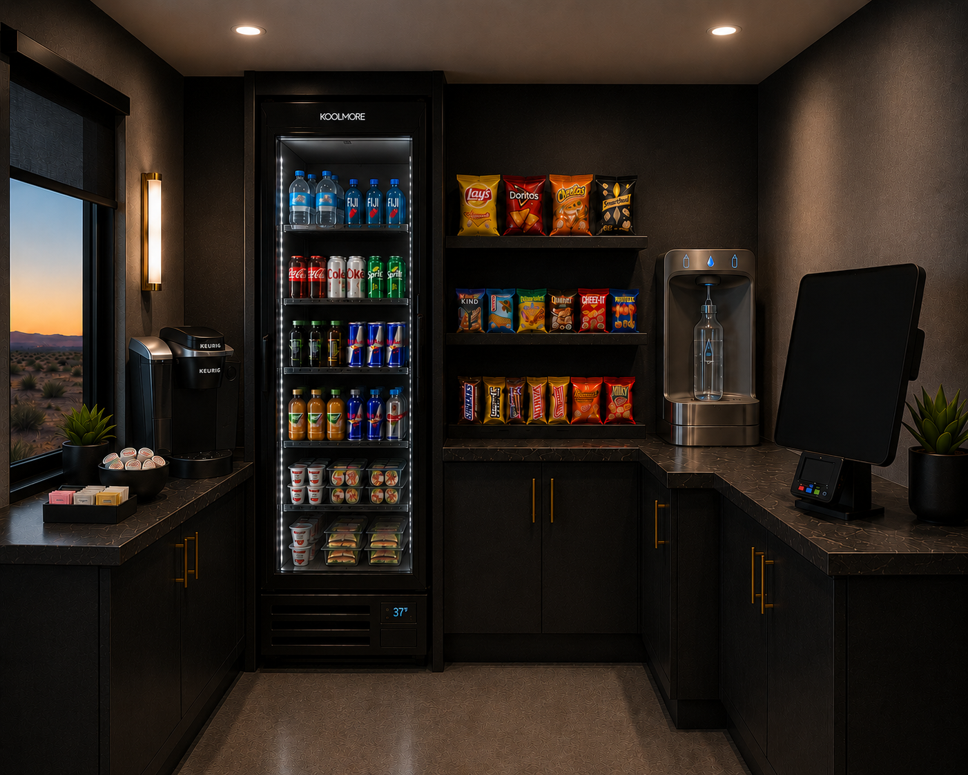 Recon Rig lounge snack bar with refrigerated drinks, coffee station, and guest amenities