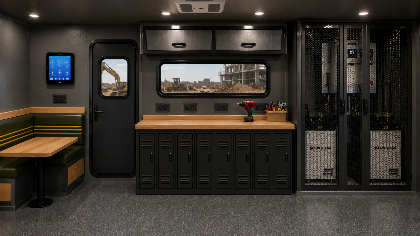Recon Rig construction workspace with bench seating, tool storage, and integrated power systems