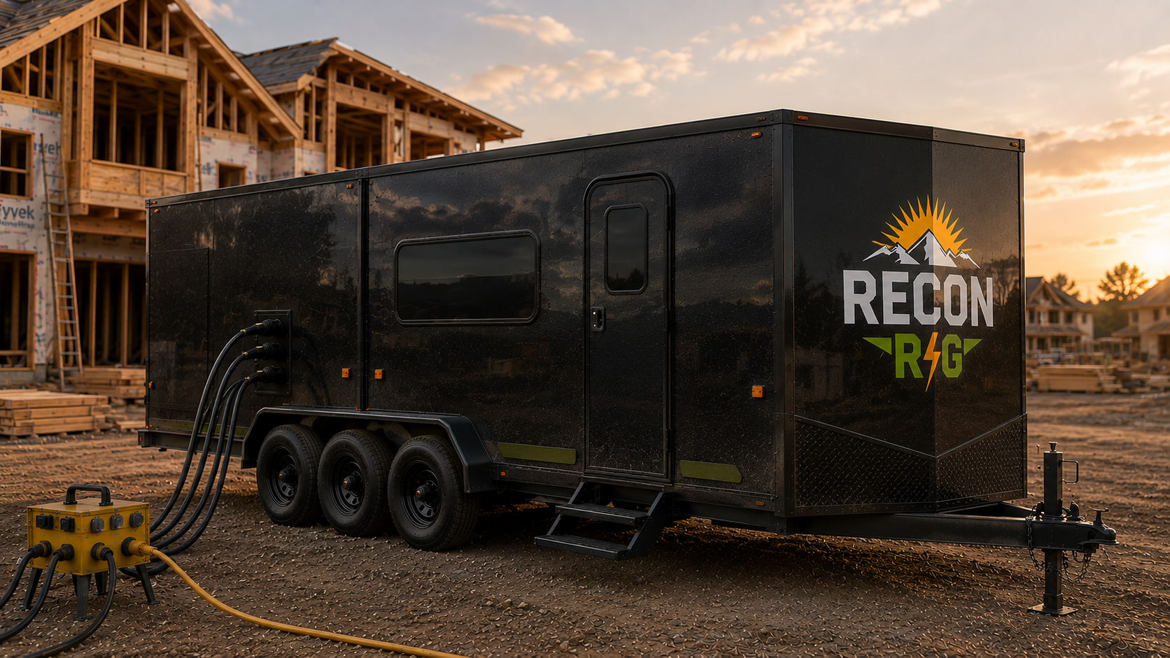 Recon Rig mobile power trailer deployed at a residential construction jobsite at sunset
