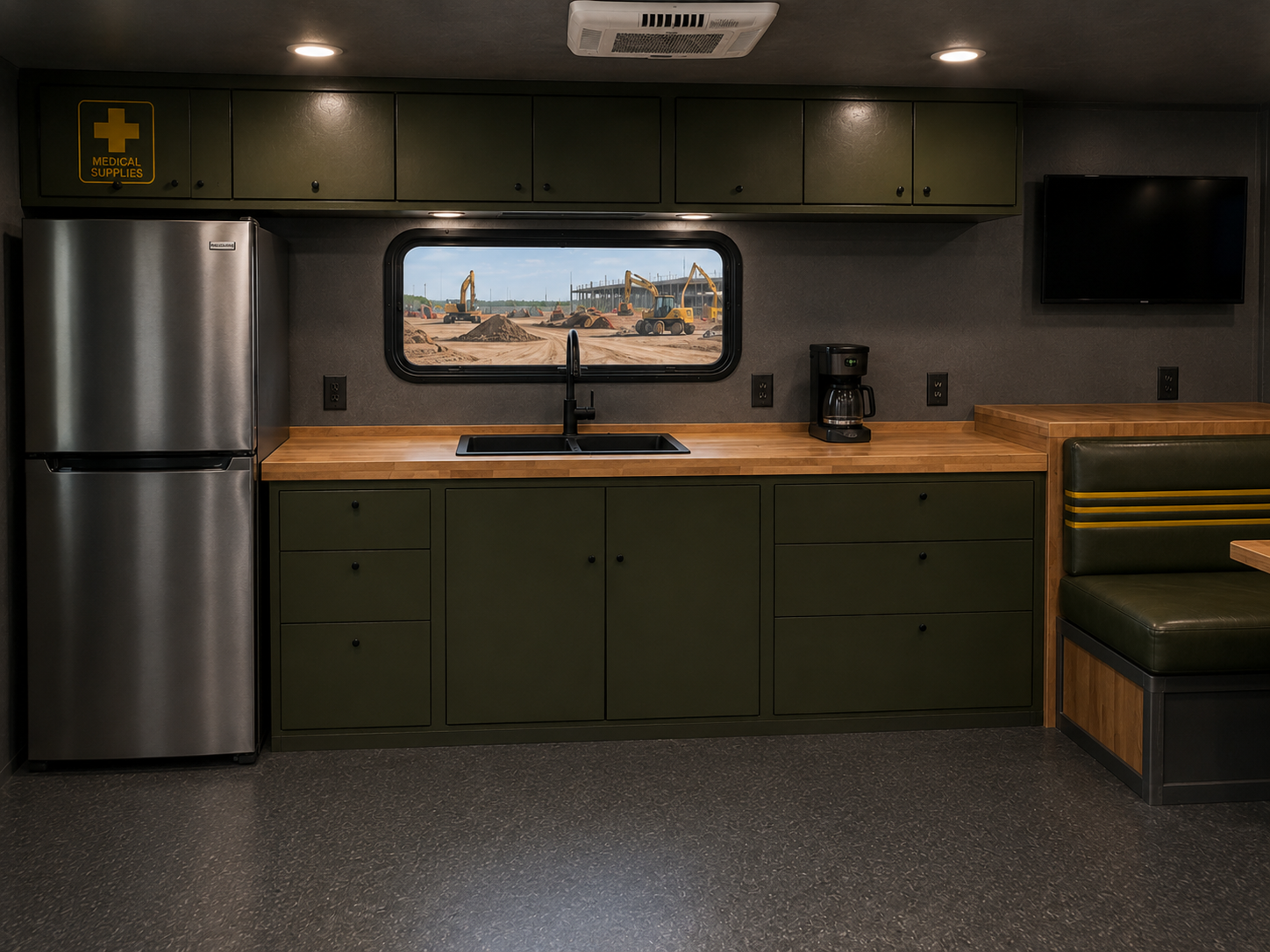 Recon Power Rig interior galley with refrigerator, sink, coffee station, medical supplies, and dinette seating